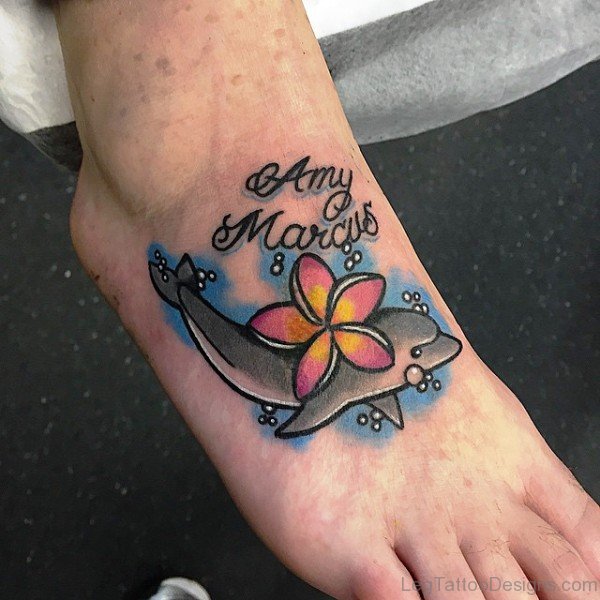 Dolphin Tattoo With Flower On Foot