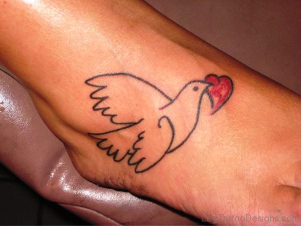Dove Holding Heart Tattoo On Foot