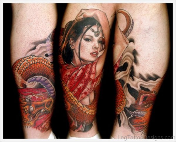 Dragon And Woman Tattoo On Calf