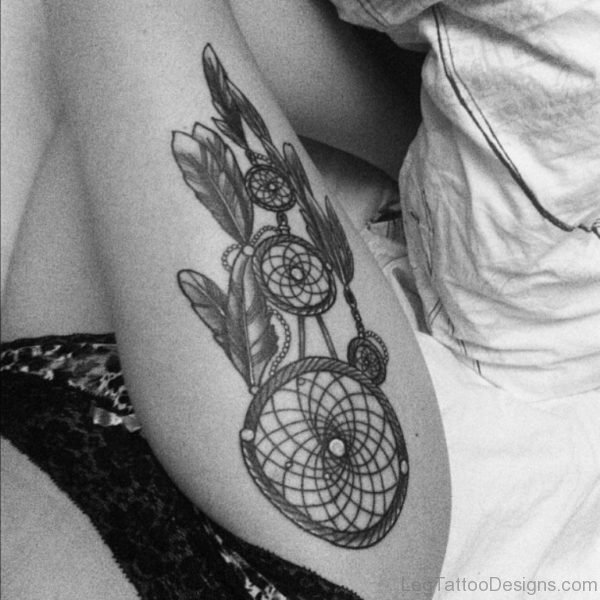 Dreamcatcher Tattoo On Right Side Thigh