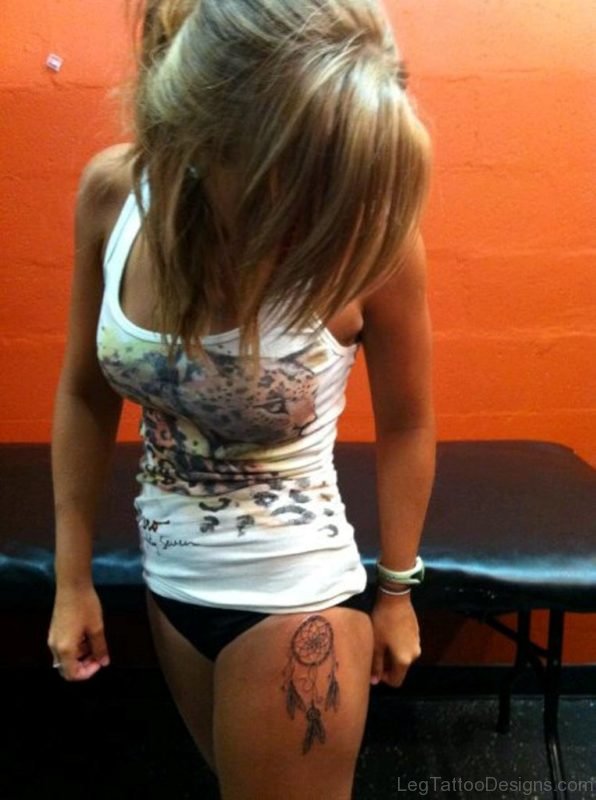 Dreamcatcher Tattoo On Thigh For Girls