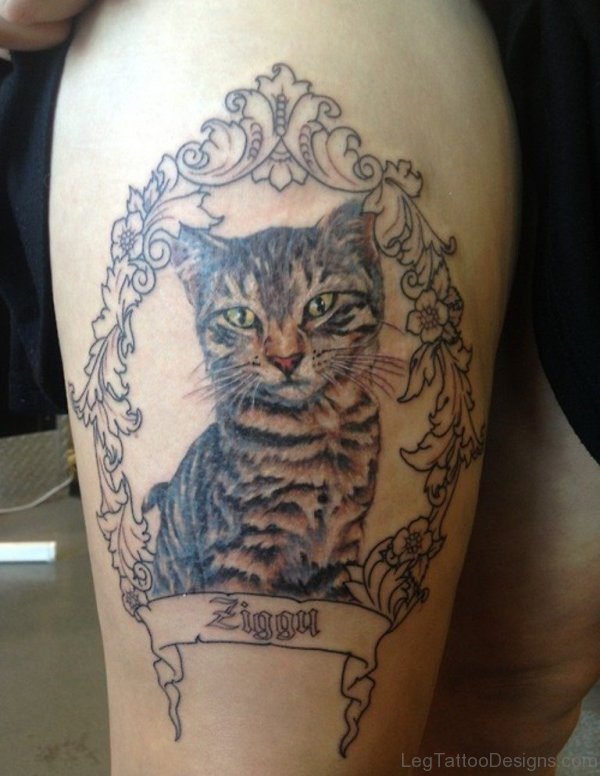 Elegant Cat Tattoo on Thigh
