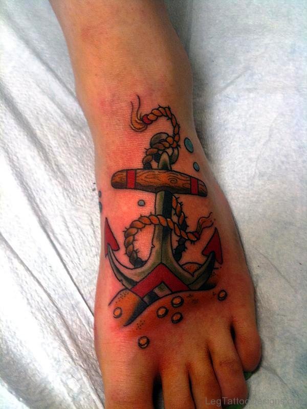 Elegant Colorful Anchor Tattoo On Foot