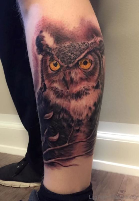 Elegant Owl Tattoo On Leg