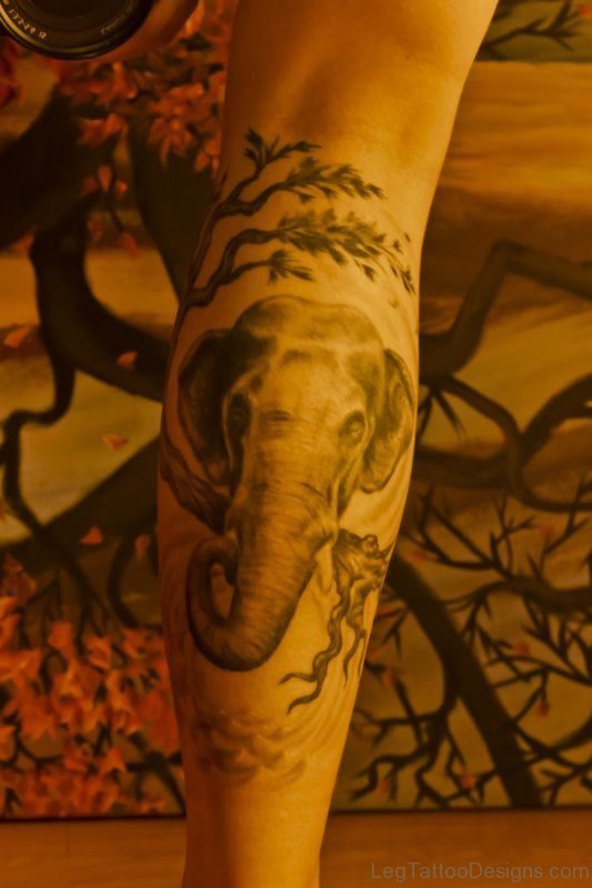 Elephant Head Tattoo On Leg