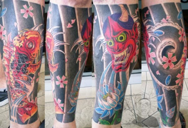 Evil And Koi Fish Tattoo On Leg