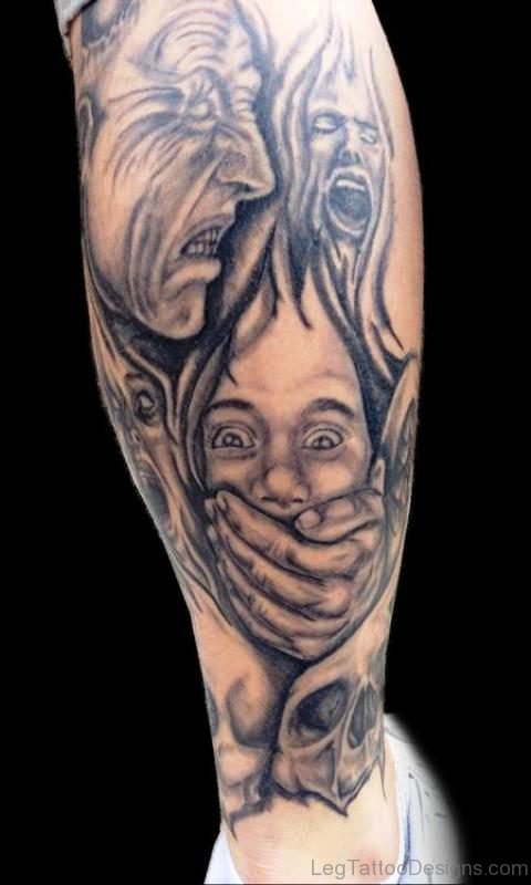 Evil Scary Tattoo On Leg