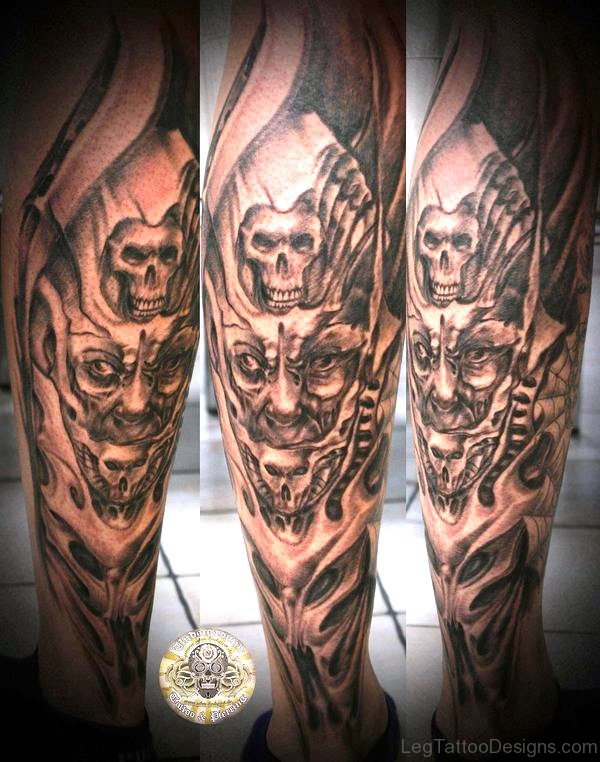 Evil Skull Tattoo On Leg