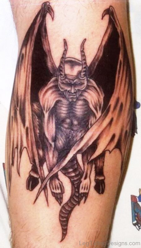 Evil With Wings Tattoo On Leg