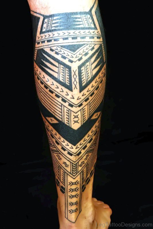 Excellent Black Tattoo Design On Calf