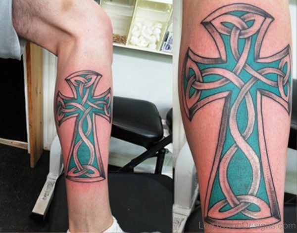 Excellent Cross Tattoo On Leg