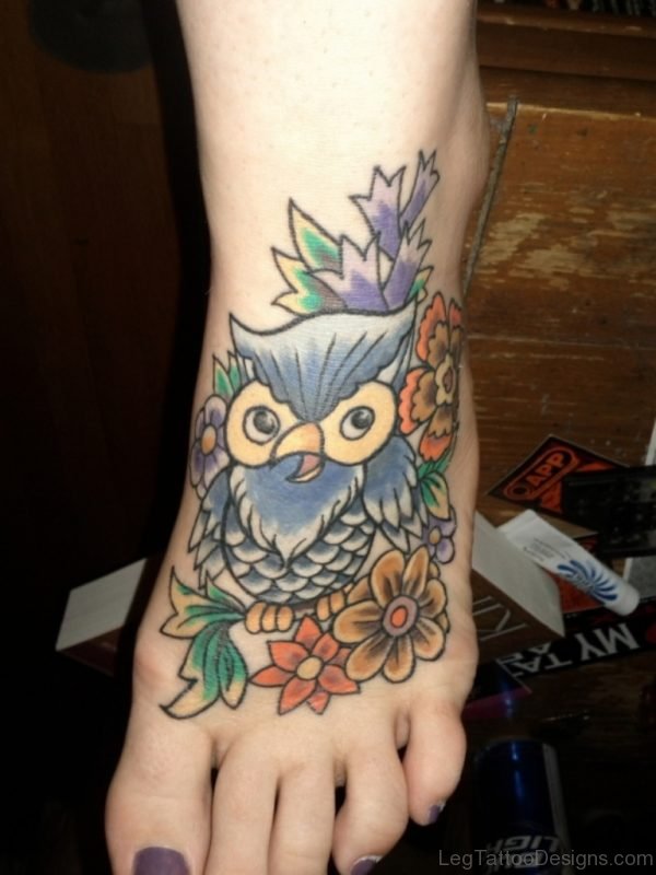 Excellent Owl Tattoo On Foot