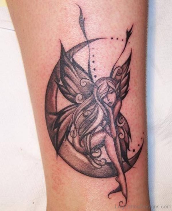 Fairy Sitting On Moon Tattoo On Leg