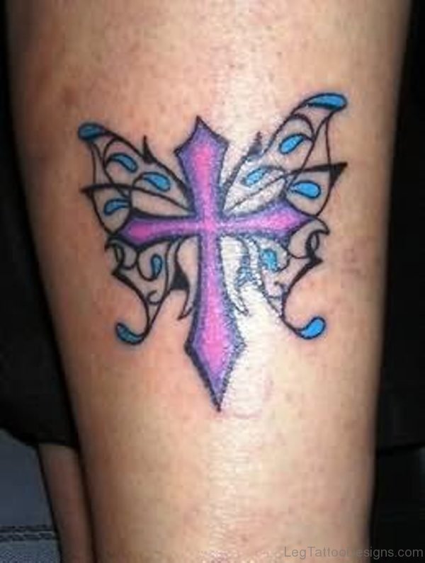 Fancy Butterfly Wings Cross Tattoo On Leg