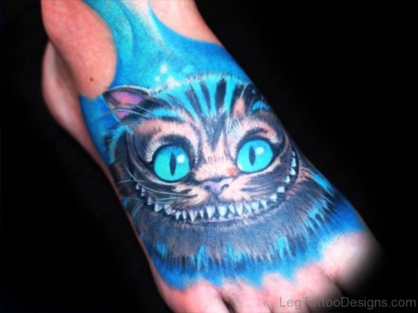 Fantastic Blue Color Cat Tattoo On Foot