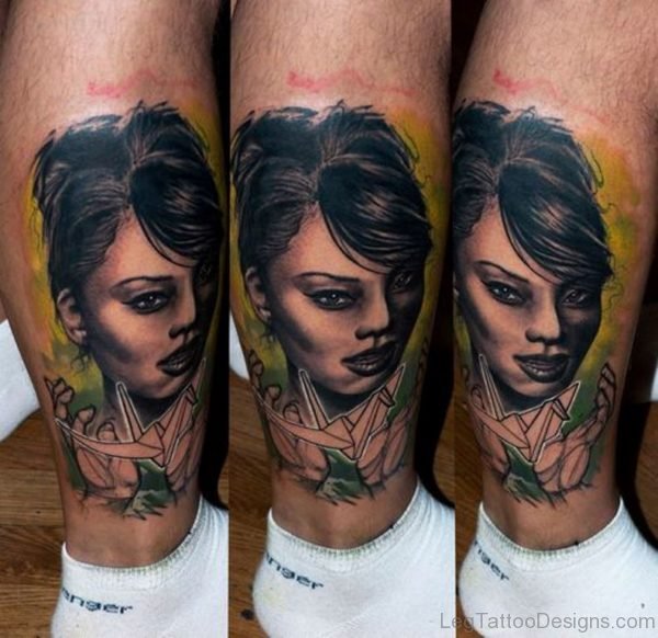 Fantastic Girl Portrait Tattoo On Leg