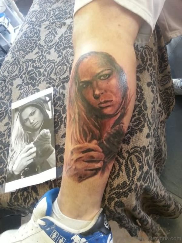 Fantastic Ronda Rousey Portrait Tattoo On Leg