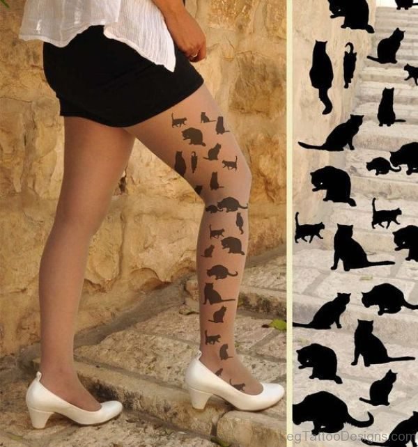 Feminine Cat Tattoo On Leg