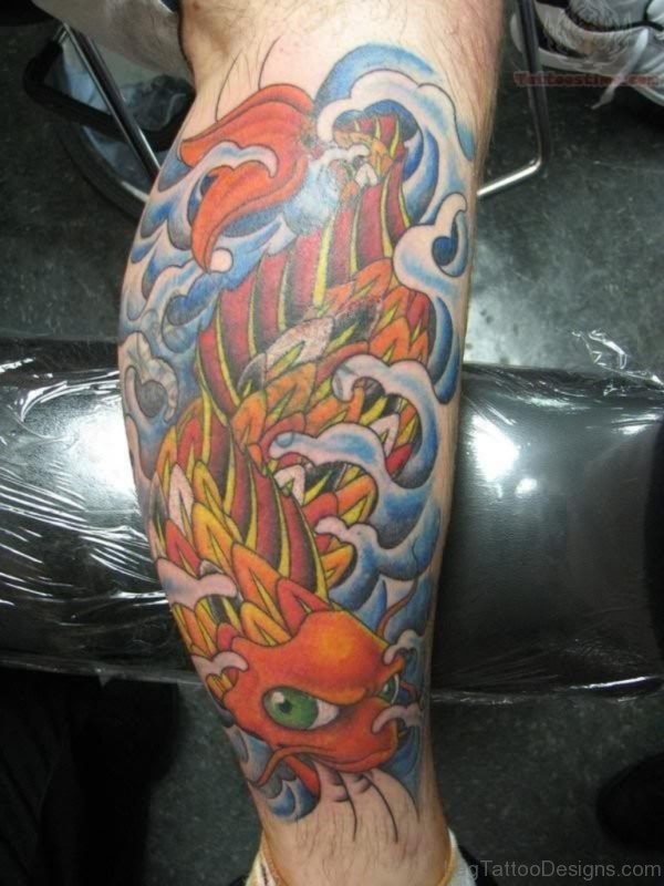 Fine Asian Koi Fish Tattoo Design On Leg