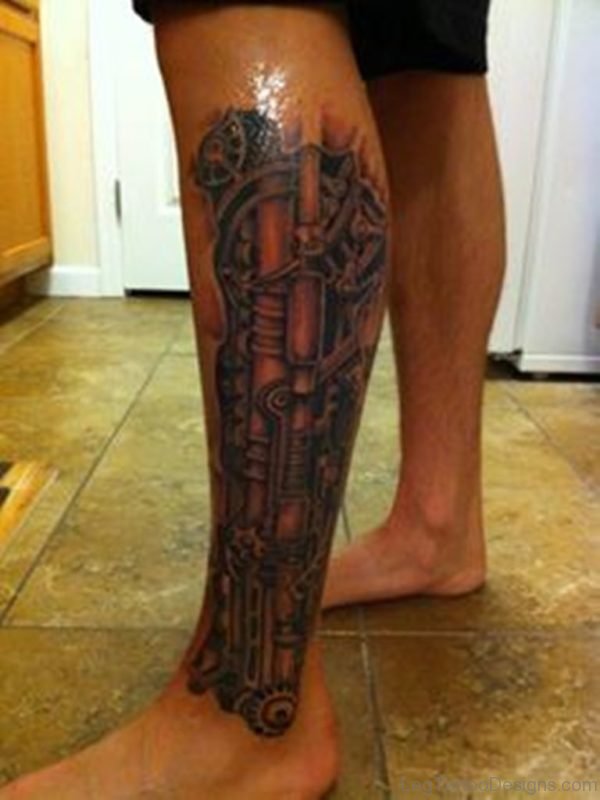 Fine Biomechanical Tattoo On Leg
