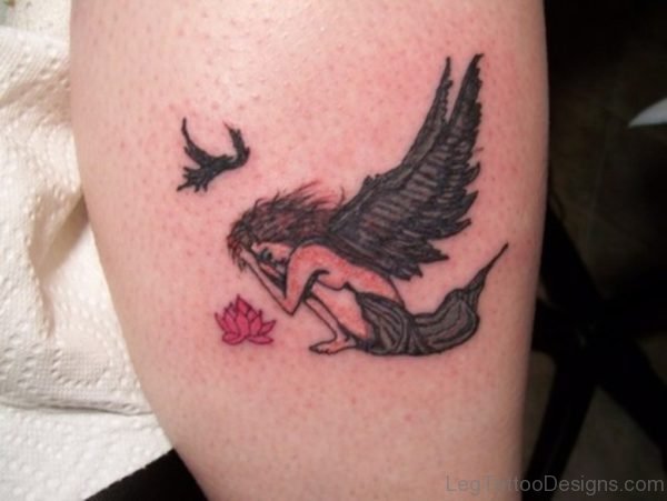 Flower And Angel Tattoo for Leg