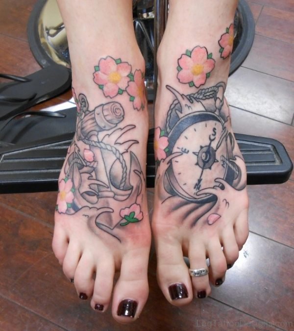 Flower And Clock Tattoo On Foot