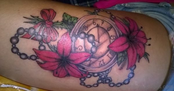 Flower And Clock Tattoo On Thigh 1