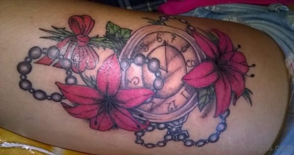 Flower And Clock Tattoo On Thigh