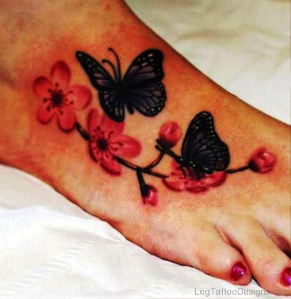 Flowers And Butterflies Tattoo On Foot