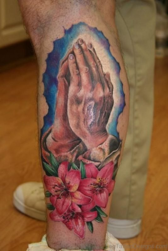 Flowers And Praying Hands Tattoo