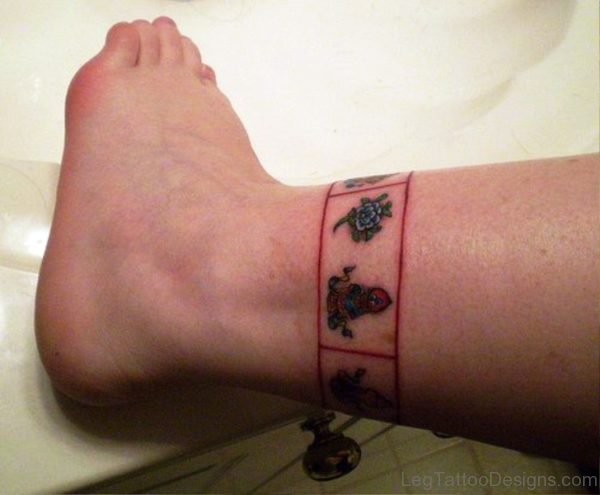 Flowers Red Band Tattoo On Leg