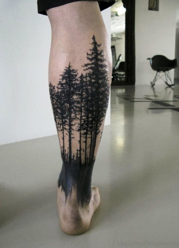 Forest Trees Tattoo On Calf