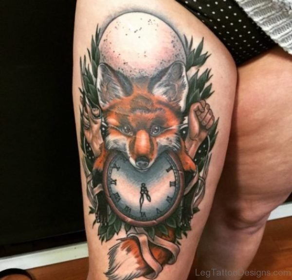 Fox And Clock Tattoo On Thigh