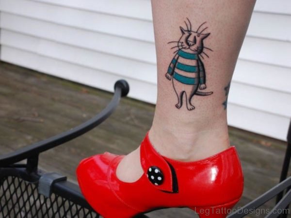 Funny Fat Cat Tattoo On Leg