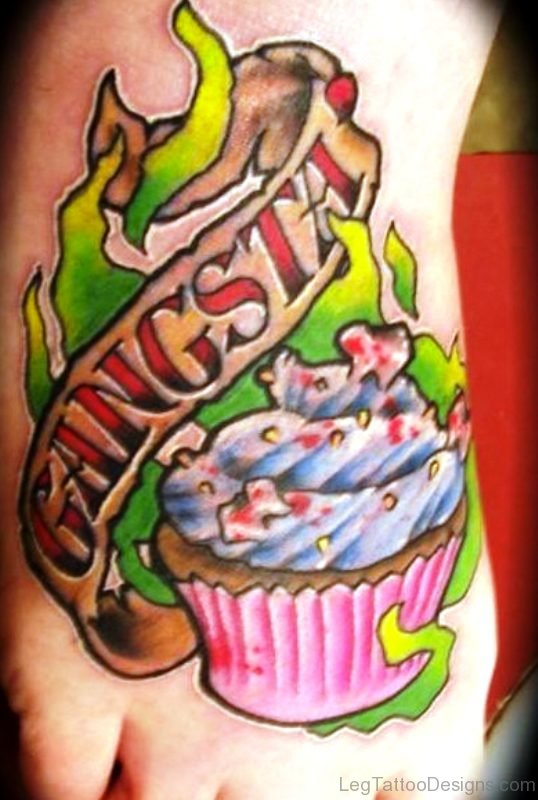Gangster Cupcake Tattoo On Fooot
