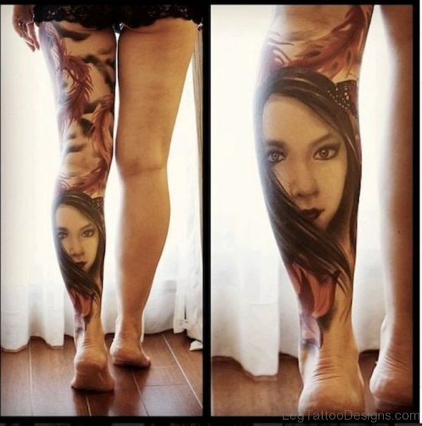 Girl Portrait Tattoo On Leg