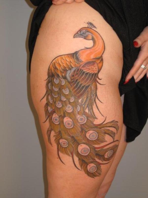 Golden Peacock Tattoo On Thigh