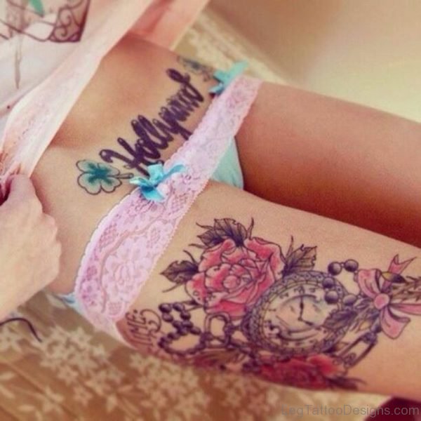 Gorgeous Flower And Clock Tattoo