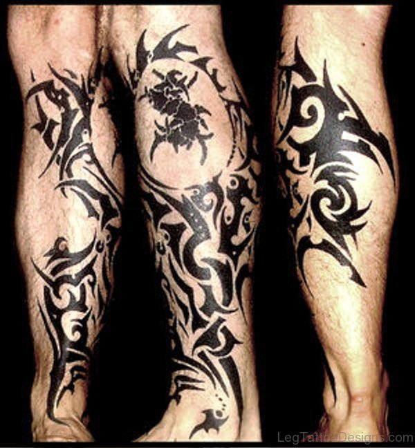 Great Black Tribal Tattoo On Calf