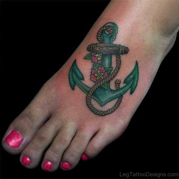 Green Anchor Tattoo On Foot