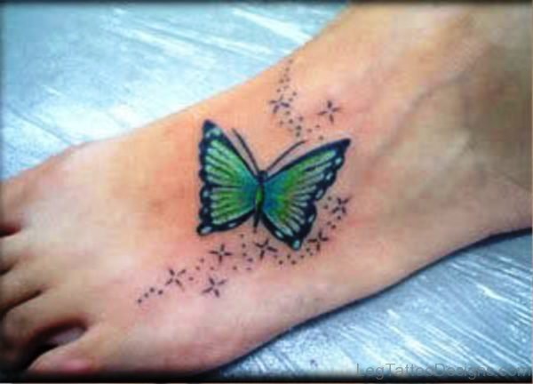 Green Butterfly Tattoo On Foot