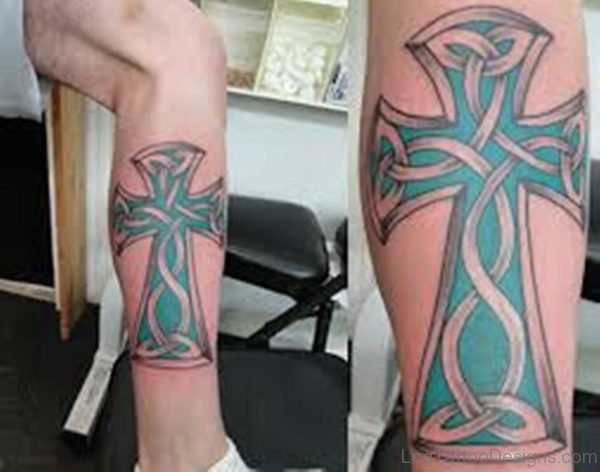 Green Celtic Cross Tattoo On Leg