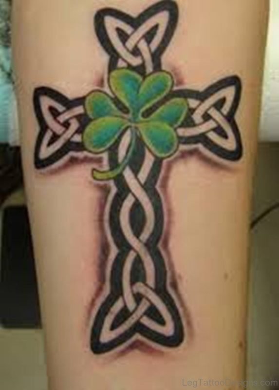 Green Clover And Celtic Cross Tattoo