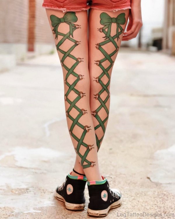 Green Corset Tattoos On Both Legs