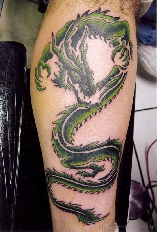 Green Tribal Dragon Tattoo on Leg