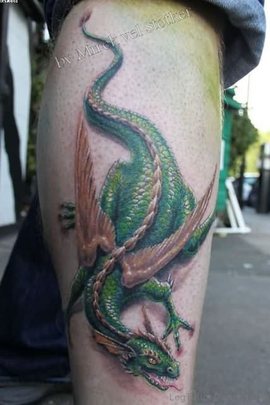 Green Winged Dragon Tattoo On Leg For Boys