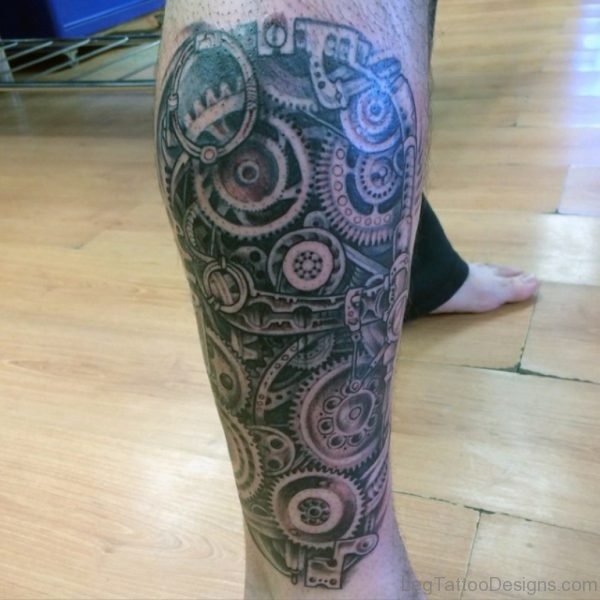 Grey Biomechanical Tattoo Design For Leg