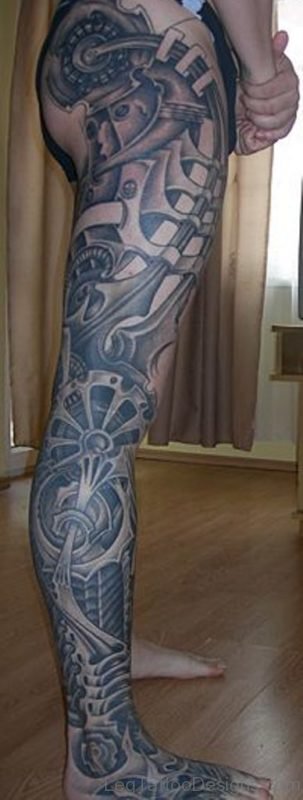 Grey Biomechanical Tattoo On LEg