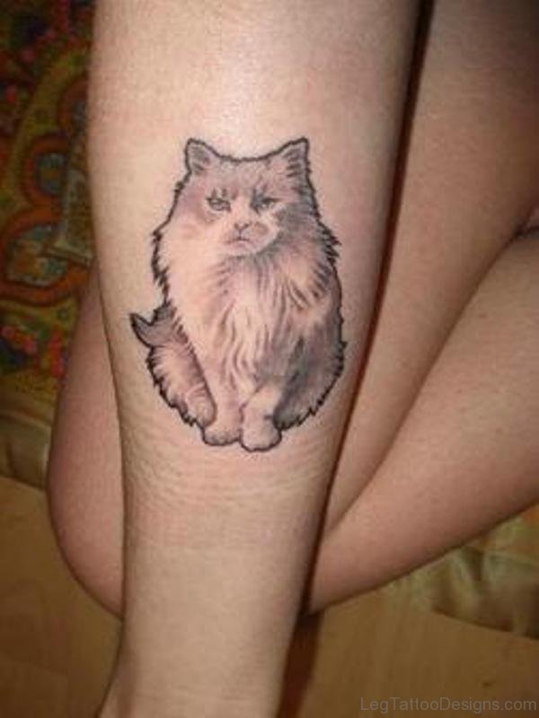 Grey Cat Tattoo On Leg