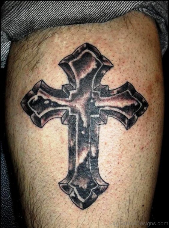 Grey Celtic Cross Tattoo On Leg